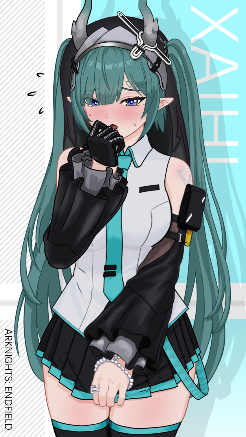 1girl, arknights, arknights:_endfield, beads, black_gloves, black_skirt, black_sleeves, black_thighhighs