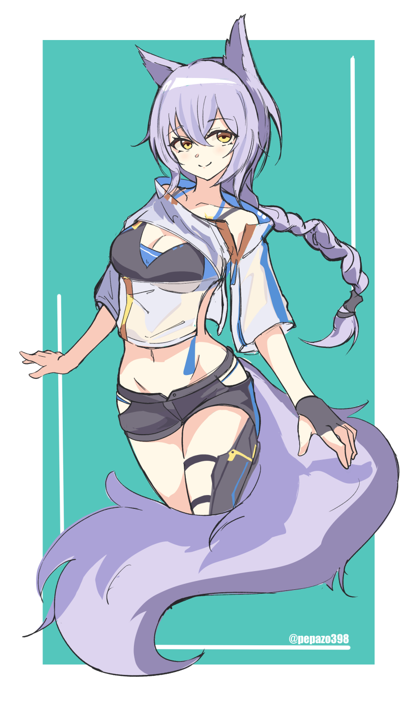 1girl, absurdres, animal_ears, arknights, bikini, black_bikini, black_gloves, blue_bikini