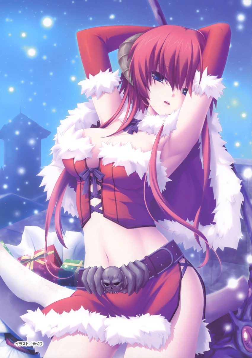 1girl, absurdres, alternate_costume, armpits, arms_behind_head, arms_up, belt, blue_eyes, breasts, capelet, christmas, cleavage, corset, elbow_gloves, female_focus, front-tie_top, fur_trim, gift, gloves, highres, horns, kamidori_alchemy_meister, large_breasts, long_hair, midriff, miniskirt, navel, open_mouth, ragsmuena, red_gloves, red_hair, revealing_clothes, sack, santa_costume, scythe, skirt, skull, snow, solo, yakuri