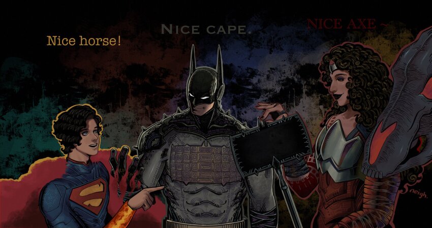 1girl, 2boys, absolute_batman, absolute_dc, absolute_superman, absolute_wonder_woman, armor, back_spikes