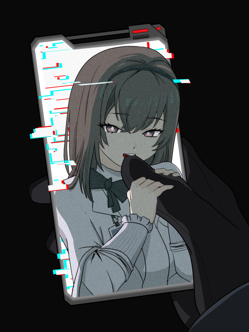 1girl, arknights, biting, biting_another's_finger, black_background, black_gloves, blush, brown_eyes