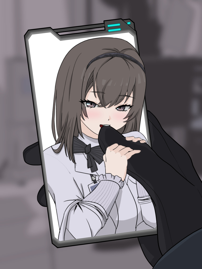 1girl, arknights, biting, biting_another's_finger, black_gloves, blurry, blurry_background, blush