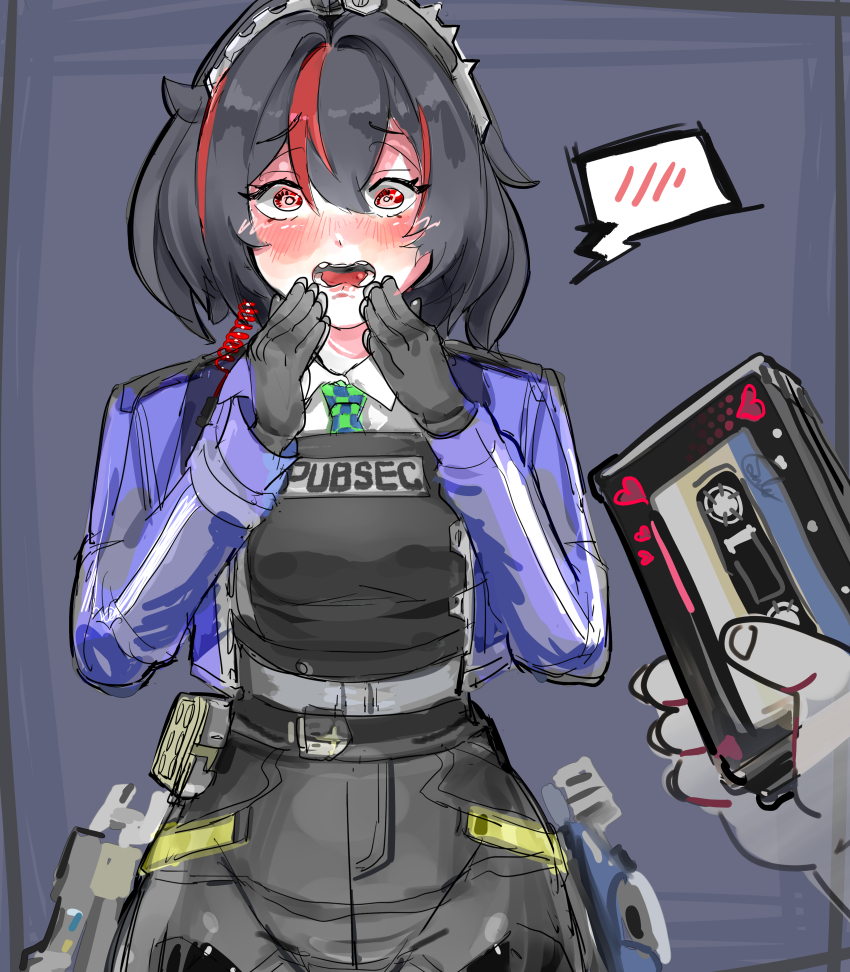 1girl, absurdres, black_hair, blue_jacket, blush, breasts, checkered_necktie, commentary