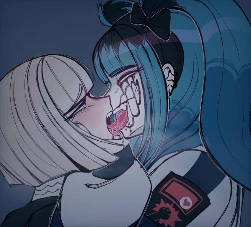 2girls, amemiya_darumi, black_hair, blonde_hair, blue_background, blue_eyes, blue_hair, blush