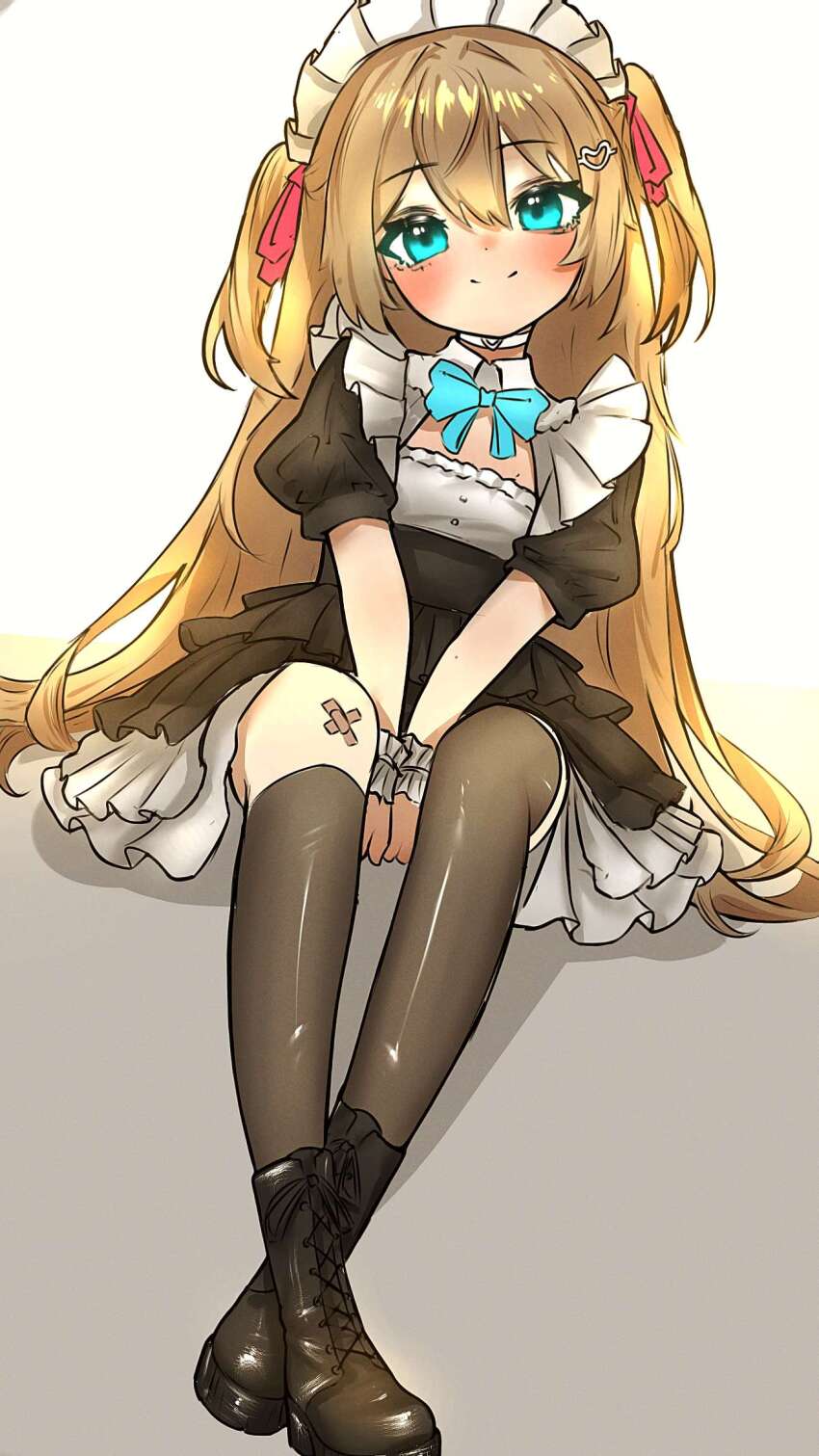 1girl, ahoge, alternate_costume, aqua_bow, aqua_bowtie, asymmetrical_legwear, bandaid, bandaid_on_knee, bandaid_on_leg, between_legs, black_dress, black_socks, blue_eyes, blush, boots, borzoii, bow, bowtie, brown_boots, brown_hair, choker, cleavage_cutout, closed_mouth, clothing_cutout, collared_dress, double-parted_bangs, dress, dutch_angle, frilled_dress_collar, frilled_wrist_cuffs, frills, full_body, gothic_lolita, grey_background, hair_between_eyes, hair_ornament, hair_ribbon, hand_between_legs, head_tilt, heart, heart_hair_ornament, highres, lace-up_boots, layered_dress, lolita_fashion, long_hair, looking_at_viewer, maid_headdress, neuro-sama, puffy_short_sleeves, puffy_sleeves, red_ribbon, ribbon, short_sleeves, simple_background, sitting, smile, socks, solo, split_mouth, two-tone_dress, two_side_up, uneven_legwear, vedal_ai, very_long_hair, virtual_youtuber, white_background, white_choker, white_dress, white_wrist_cuffs, wrist_cuffs