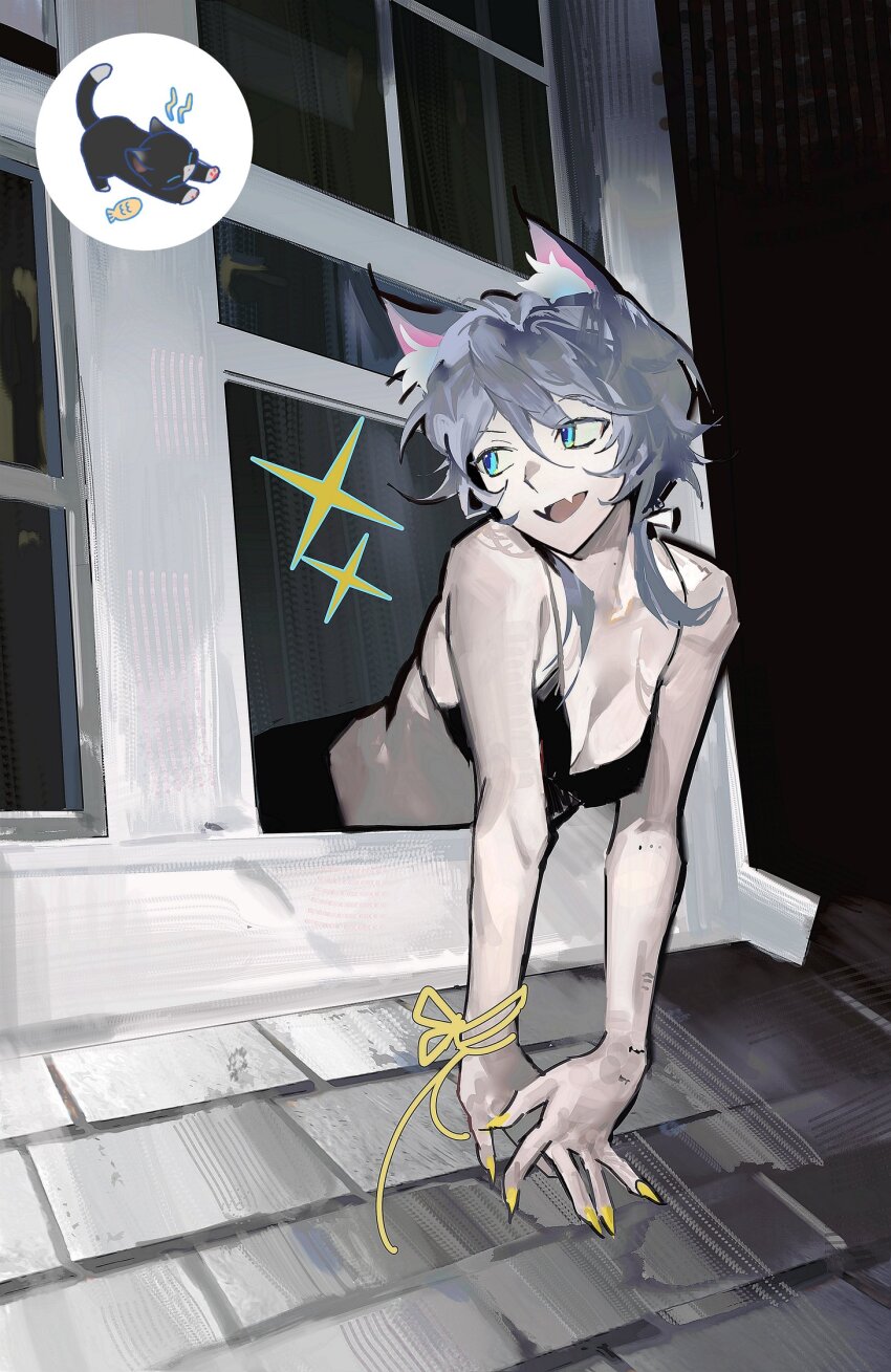 1girl, alternate_costume, animal_ear_fluff, animal_ears, black_background, black_bra, blue_eyes, bra, breasts, cat_ears, cat_girl, cipher_(honkai:_star_rail), commentary_request, fang, fingernails, grey_hair, hair_between_eyes, highres, honkai:_star_rail, honkai_(series), korean_commentary, medium_breasts, mm19_mumu, sharp_fingernails, skin_fang, sparkle, thread, tile_roof, underwear, upper_body, window