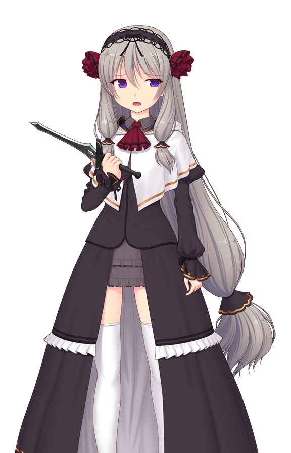 1girl, dagger, dress, flower, game_cg, grey_hair, hair_ornament, hairband, holding, holding_weapon, knife, kourin_tenshi_en_ciel_rena, kura_(en_ciel_rena), large_variant_set, long_hair, looking_to_the_side, low-tied_long_hair, non-web_source, official_art, open_mouth, purple_eyes, rose, saitou_natsuki, self-datamine, simple_background, solo, suhamaya, sword, tachi-e, thighhighs, transparent_background, variant_set, very_long_hair, weapon, white_thighhighs