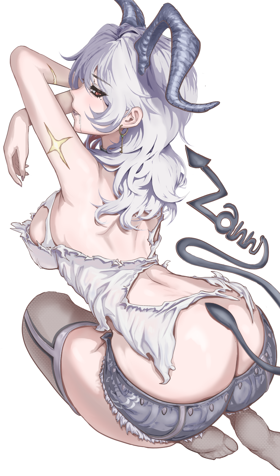 1girl, ass, back, black_horns, breasts, butt_crack, character_name, commentary_request