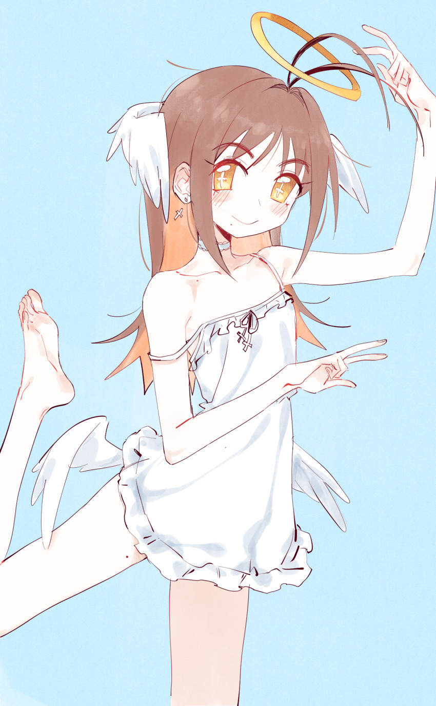 +_+, 1girl, alternate_costume, angel, angel_wings, antenna_hair, arm_up, bare_legs