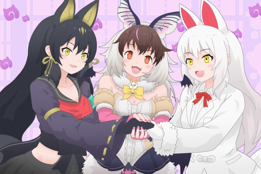 3girls, animal_ears, bat_ears, bat_girl, black_hair, bow, bowtie, brown_eyes