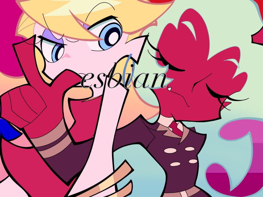 2girls, angel, blonde_hair, blue_eyes, commentary_request, demon_girl, dress, green_eyes