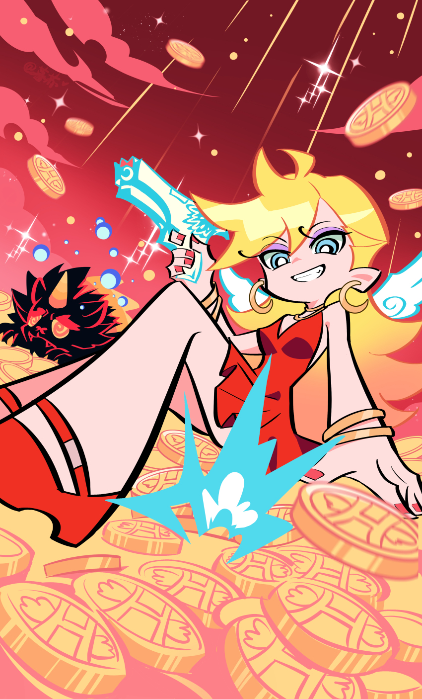 1girl, absurdres, backlace_(psg), blonde_hair, blue_eyes, bracelet, breasts, coin