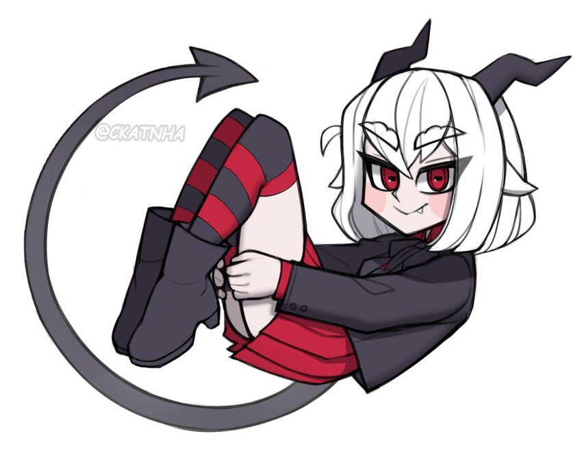 1girl, asymmetrical_legwear, child, ckatnha, commentary, demon_girl, english_commentary, helltaker