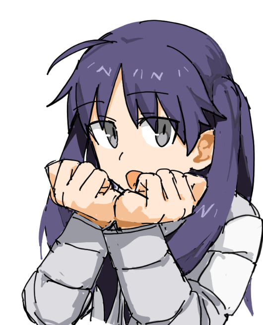 1girl, :o, ahoge, arms_up, grey_eyes, grey_jacket, jacket, long_hair