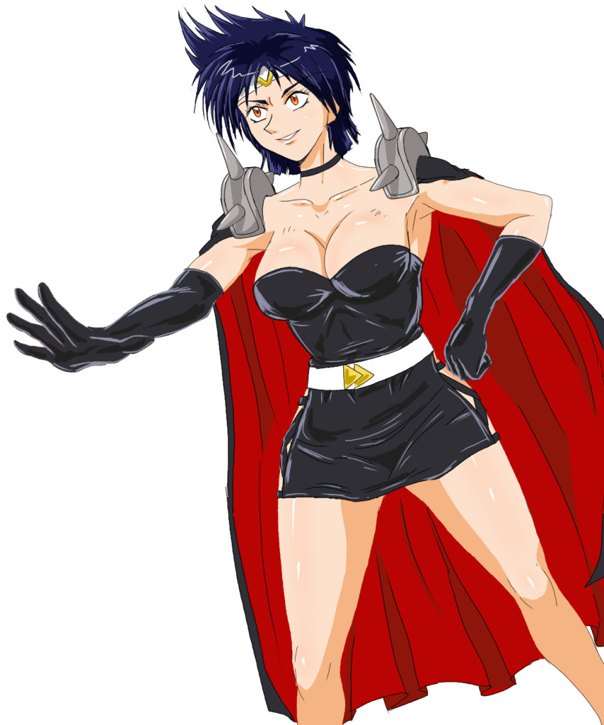 1girl, belt, black_cape, black_choker, black_dress, black_gloves, black_hair, breasts