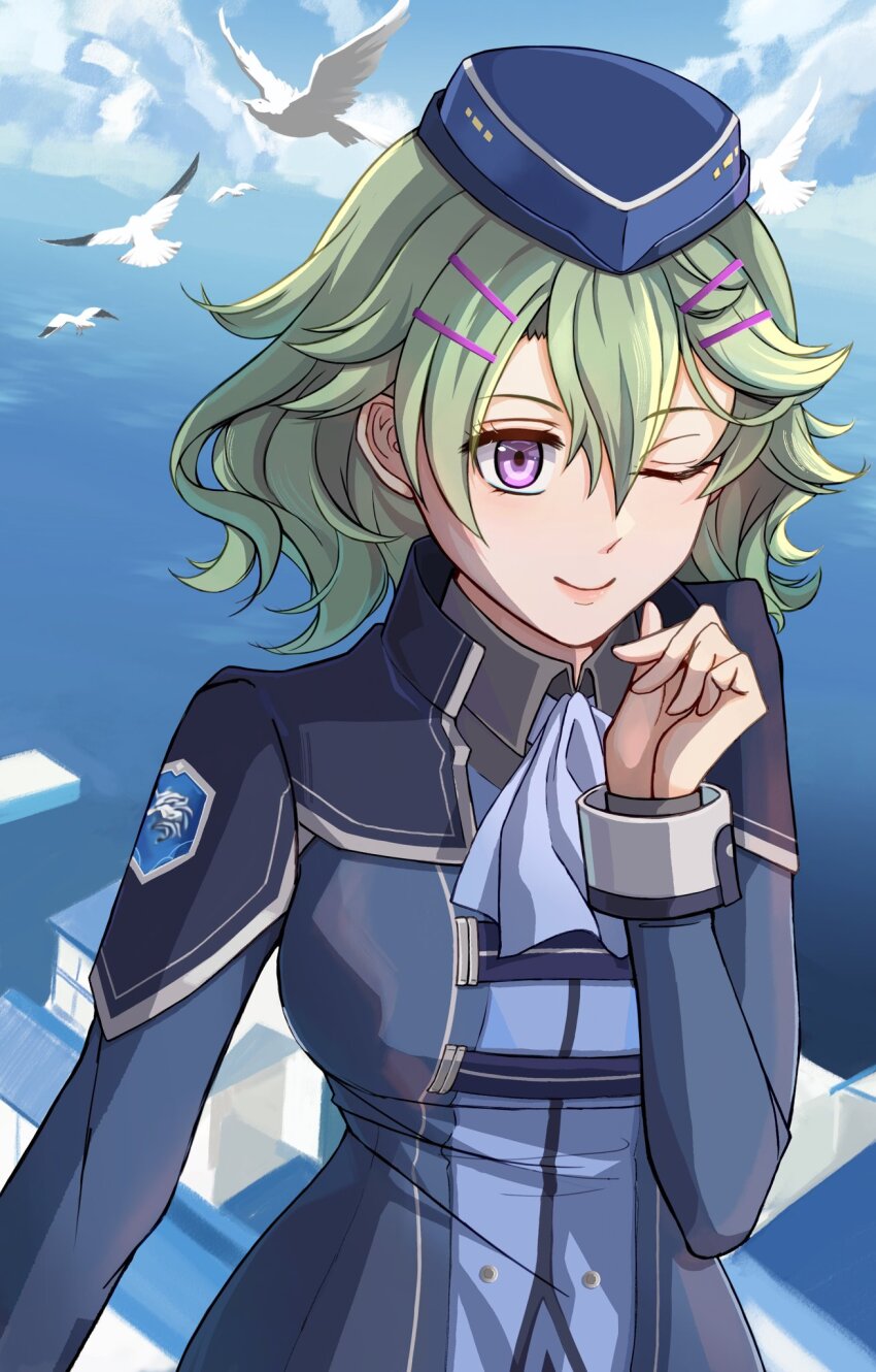 1girl, bird, blue_neckerchief, blue_sky, closed_mouth, cloud, commentary, double-parted_bangs