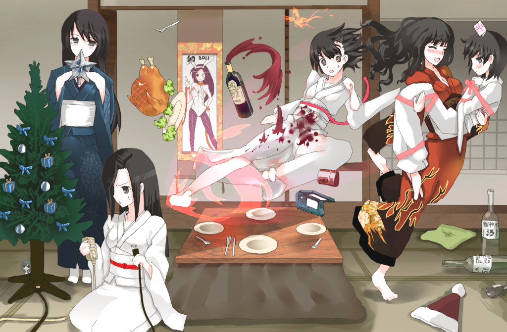 5girls, alcohol, artistic_error, bad_id, bad_pixiv_id, black_hair, bottle, breasts