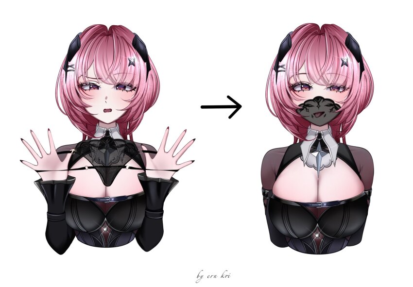 1girl, black_dress, black_panties, black_shrug, breasts, cleavage, commentary, cropped_torso