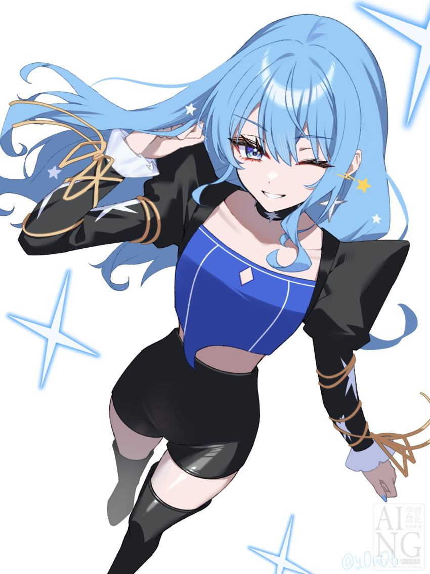 1girl, ;d, asymmetrical_sidelocks, black_boots, black_choker, black_shorts, black_sleeves, blue_eyes