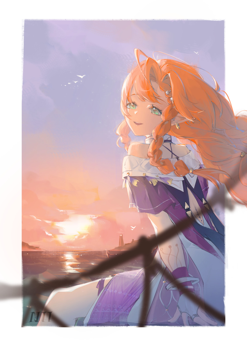 1girl, absurdres, bare_shoulders, braid, braided_sidelocks, commentary_request, eggmam_2000, evening