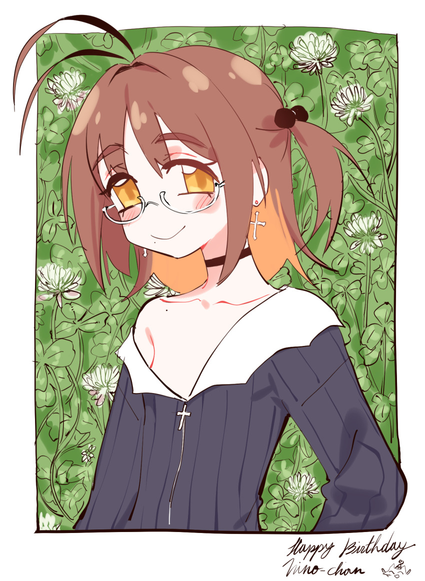 1girl, ahoge, antenna_hair, black_choker, black_shirt, blush, border, brown_hair