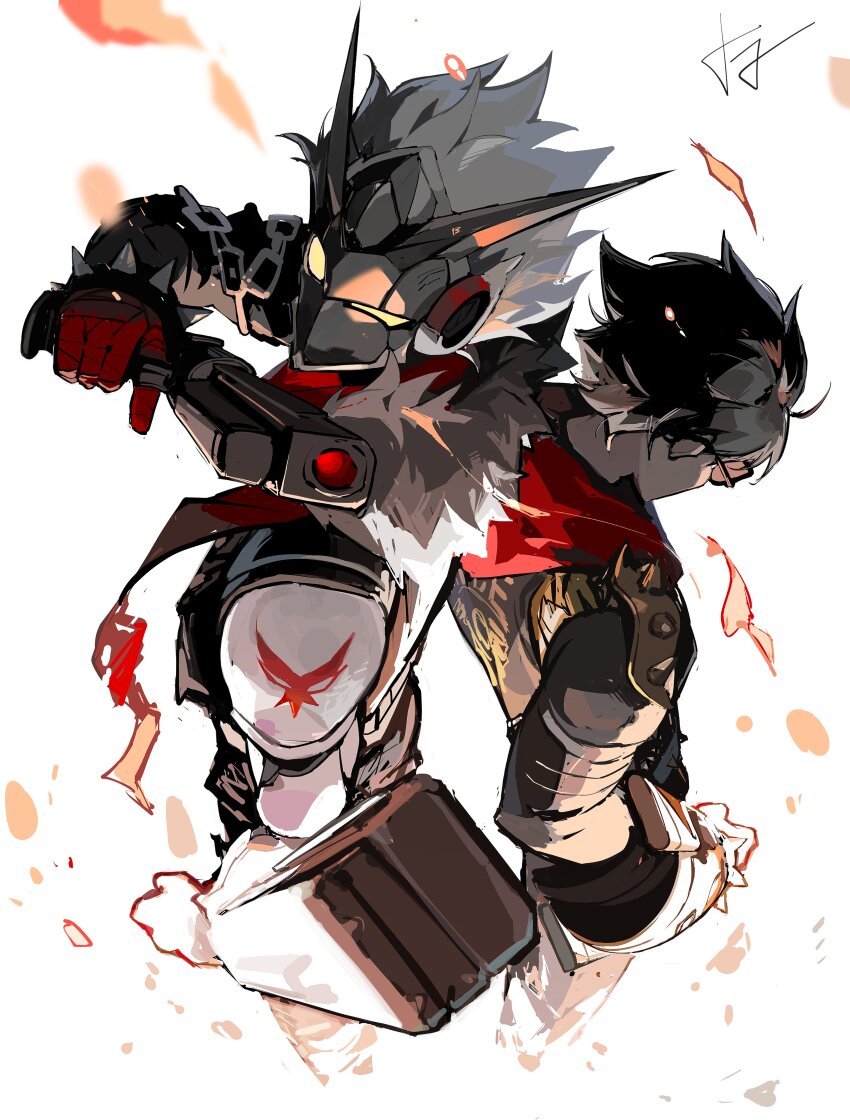 2boys, absurdres, aiming, aiming_at_viewer, arm_mounted_weapon, back-to-back, billy_kid, billy_kid_(starlight), black_jacket, bracelet, chain, chain_around_arm, clothed_robot, commentary, english_commentary, from_above, fur-trimmed_jacket, fur_trim, green_hair, gun, highres, holding, holding_gun, holding_weapon, humanoid_robot, jacket, jewelry, lighter_(zenless_zone_zero), male_focus, merah_drow, multiple_boys, red_scarf, robot, robot_boy, scarf, short_hair, shoulder_spikes, spiked_bracelet, spiked_hair, spiked_jacket, spikes, sunglasses, torn_clothes, torn_scarf, weapon, white_background, white_hair, yellow_eyes, zenless_zone_zero