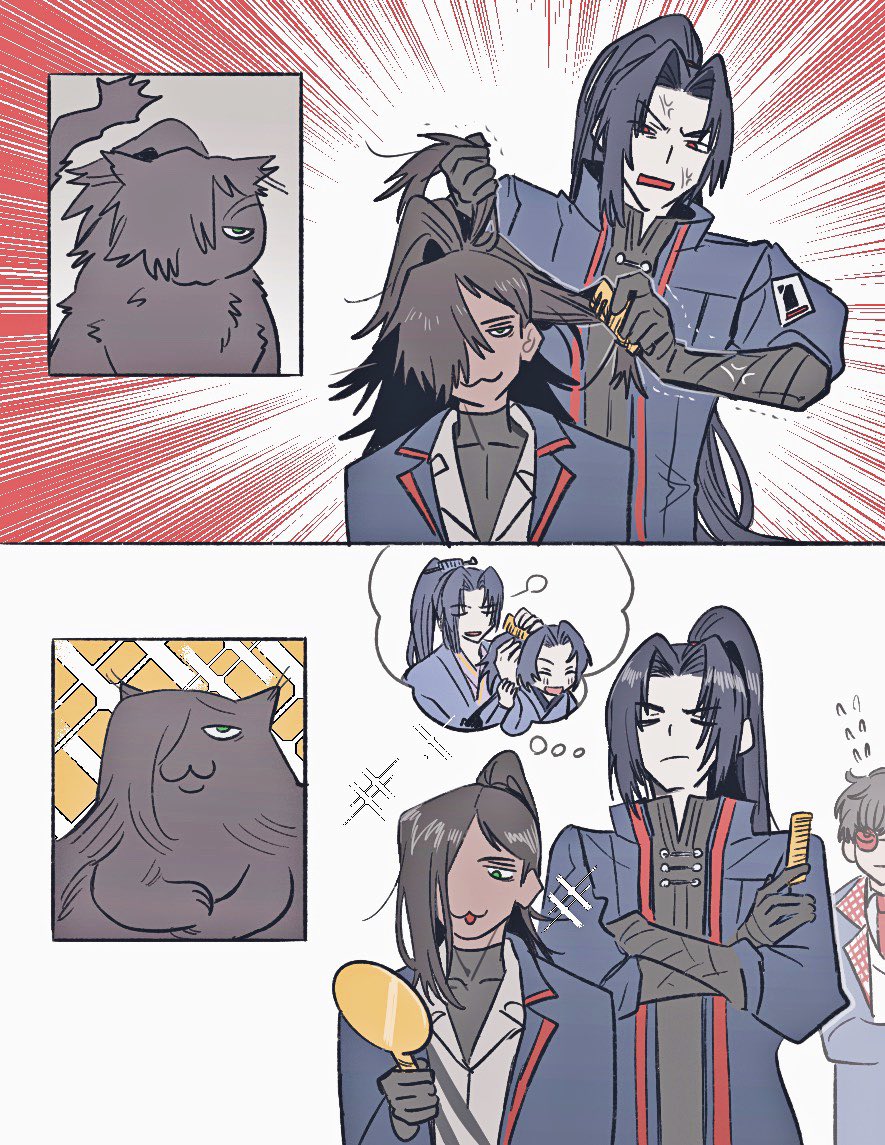 4boys, :3, animalization, aseah_(project_moon), black_gloves, black_hair, black_jacket, blue_coat, brown_hair, brushing_hair, coat, comb, daguanyuan's_jia_huan_(project_moon), gloves, green_eyes, gubo_(project_moon), hair_over_one_eye, high_ponytail, holding, holding_comb, jacket, jia_huan_(project_moon), limbus_company, long_hair, mandarin_collar, multiple_boys, parted_bangs, person_and_animalization, ponytail, project_moon, red-tinted_eyewear, red_eyes, red_trim, sparkle, sunglasses, tama_launcher, tinted_eyewear, very_long_hair