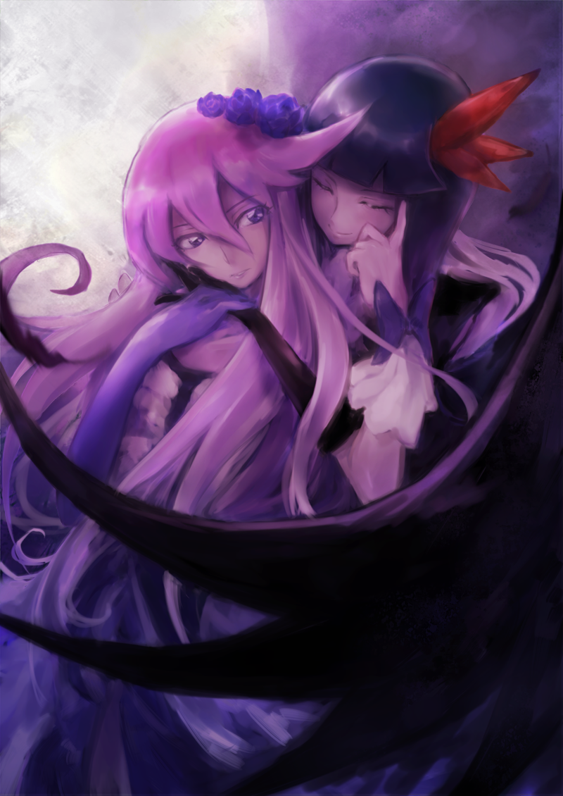 10s, 2girls, bad_id, bad_pixiv_id, blue_eyes, bob_cut, bow, choker