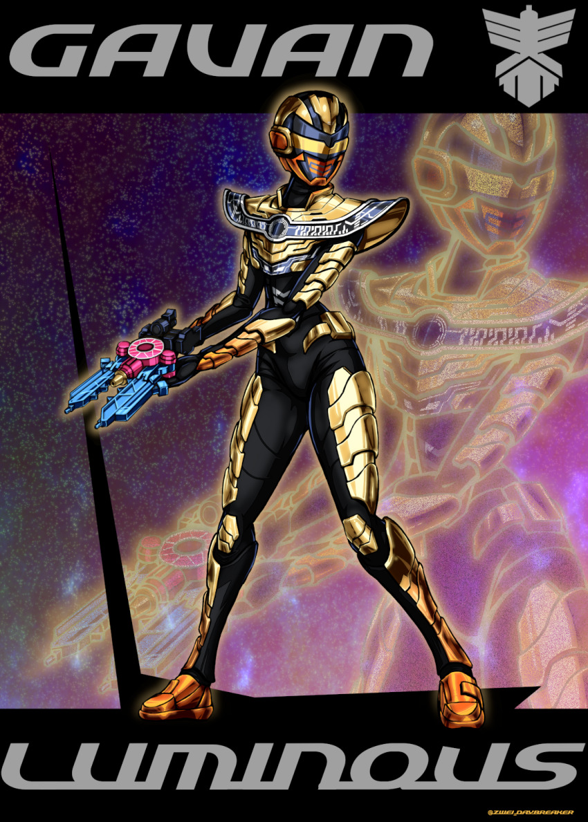 1girl, armor, armored_bodysuit, black_bodysuit, bodysuit, breastplate, character_mask, chou_uchuu_keiji_gavan_infinity, combat_helmet, full_armor, gauntlets, gavan_luminous, gavarion_laser, gavarion_trigger, gold_armor, gold_helmet, gun, helmet, highres, holding, holding_gun, holding_weapon, mask, pauldrons, science_fiction, shoulder_armor, solo, tokusatsu, weapon, zwei_(daybreaker_lounge)