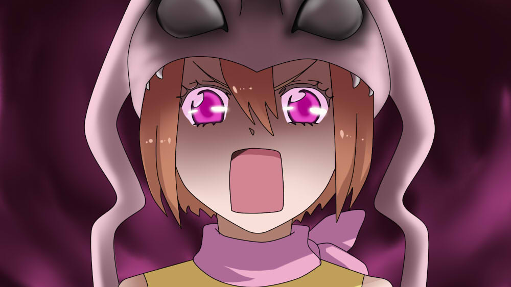 10s, :o, animal_hat, brown_hair, digimon, digimon_(creature), digimon_adventure, fangs, hat, koromon, mawaru_penguindrum, pink_eyes, scarf, seizon_senryaku, short_hair, white_eyes, yagami_hikari