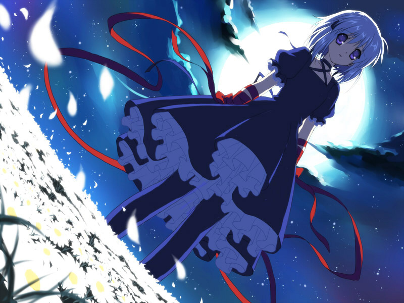 10s, 1girl, backlighting, black_dress, cloud, daisy_(flower), dress, dutch_angle