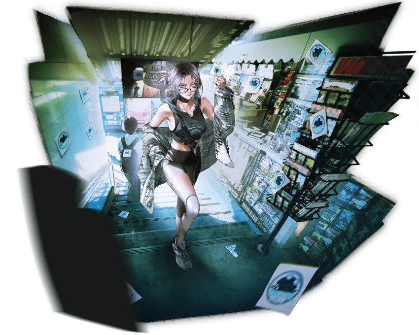 1girl, 2boys, artist_request, bag, black-framed_eyewear, black_bag, black_bra, black_choker