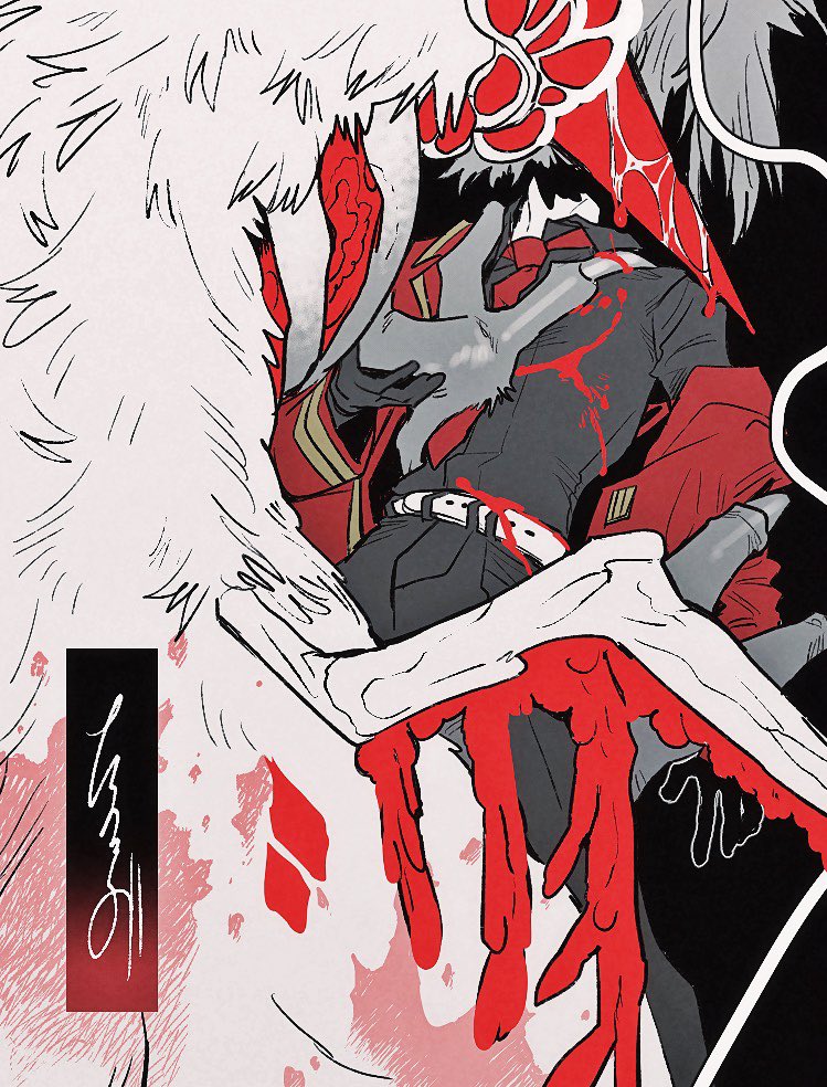 1boy, 1other, black_background, black_gloves, black_pants, black_shirt, blood, blood_on_clothes