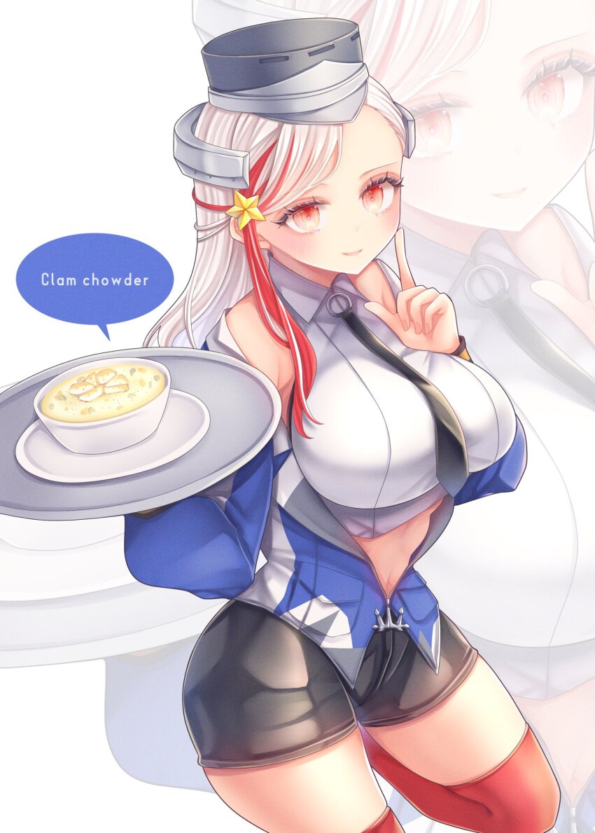 1girl, black_necktie, black_shorts, blue_jacket, breasts, clam_chowder_(food), commentary_request, english_text, hair_ornament, headgear, highres, holding, holding_tray, jacket, kantai_collection, large_breasts, looking_at_viewer, massachusetts_(kancolle), multicolored_hair, multicolored_jacket, nagi_kantai114, necktie, red_eyes, red_thighhighs, shirt, shorts, sleeveless, sleeveless_shirt, solo, star_(symbol), star_hair_ornament, streaked_hair, thighhighs, tray, white_shirt, zoom_layer