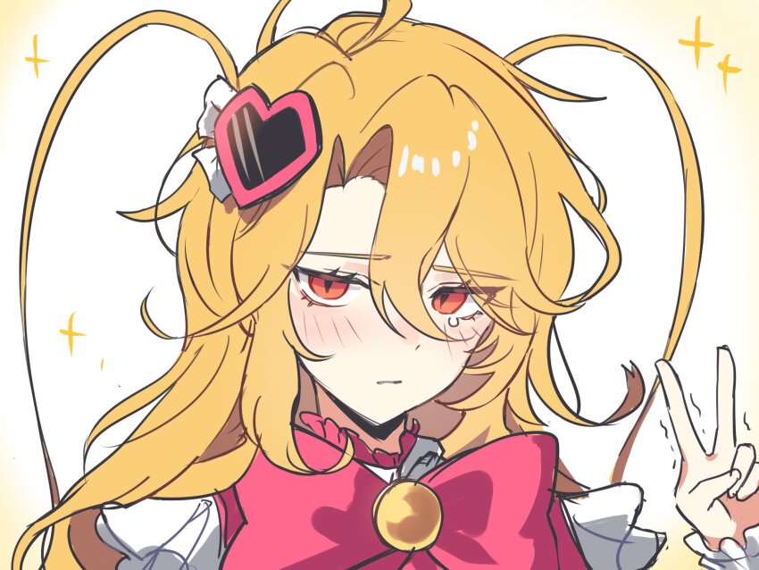 1girl, blonde_hair, blush, bow, bowtie, commentary, don_quixote_(project_moon), e.g.o_(project_moon), hair_ornament, heart, heart_hair_ornament, highres, in_the_name_of_love_and_hate_(e.g.o), kuaengku, la_manchaland_(identity)_(project_moon), limbus_company, lobotomy_corporation_(identity)_(project_moon), long_hair, long_sleeves, looking_at_viewer, magical_girl, pink_bow, pink_bowtie, project_moon, red_eyes, sancho_(project_moon), shirt, solo, star_(symbol), two_side_up, untranslatable_commentary, yellow_eyes