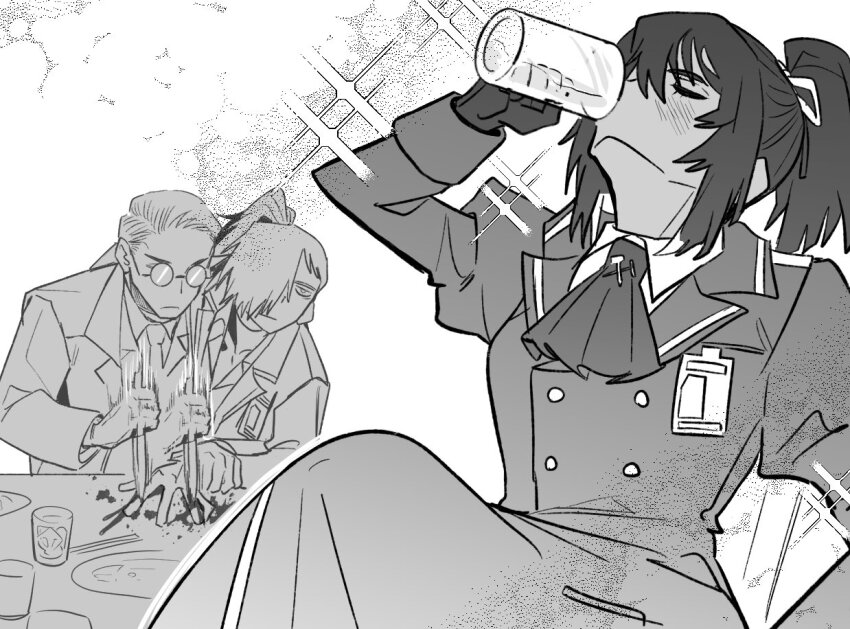 1girl, 2boys, ascot, aseah_(project_moon), beer_mug, brooch, buttons, coat