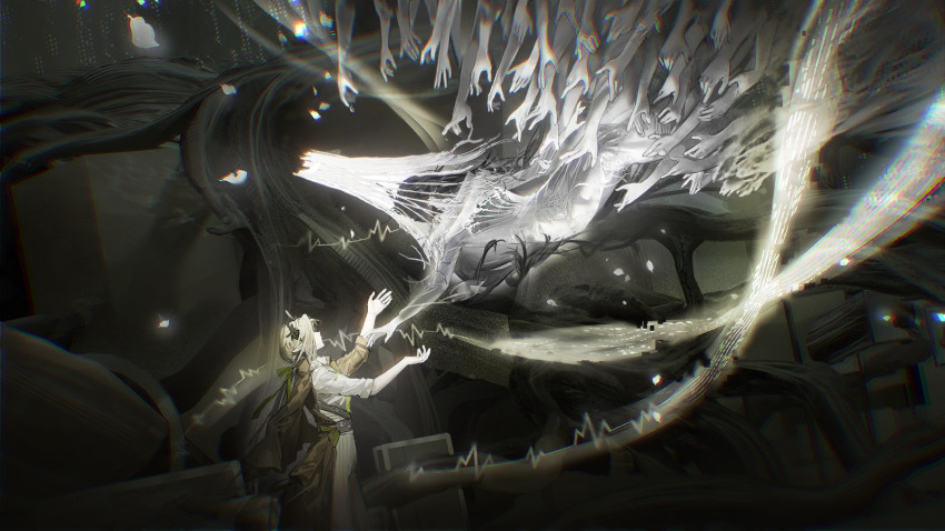 2girls, arknights, artist_request, belt, black_horns, brown_jacket, dark, from_side, fu'ila_(arknights), game_cg, ghost, grey_hair, highres, horns, jacket, looking_up, multiple_girls, nasti_(arknights), no_eyes, official_art, shirt, sleeves_pushed_up, too_many_hands, variant_set, white_hands, wide_shot