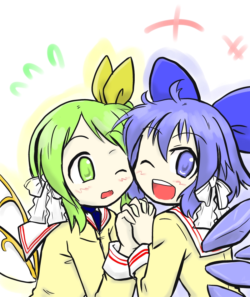 2girls, aqua_eyes, aqua_hair, cirno, clannad, cosplay, daiyousei, fujibayashi_kyou