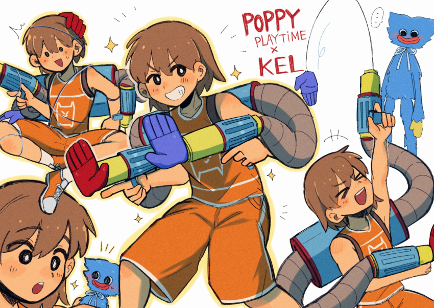 >_<, ..., 1boy, 1other, :d, black_eyes, blush, bright_pupils