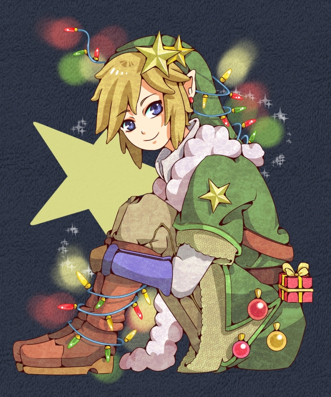 1boy, blonde_hair, blue_eyes, boots, christmas, earrings, gift, green_shirt, hat, jewelry, kuhaha, lights, link, male_focus, nintendo, pointy_ears, shirt, simple_background, smile, solo, star_(symbol), tagme, the_legend_of_zelda, the_legend_of_zelda:_skyward_sword