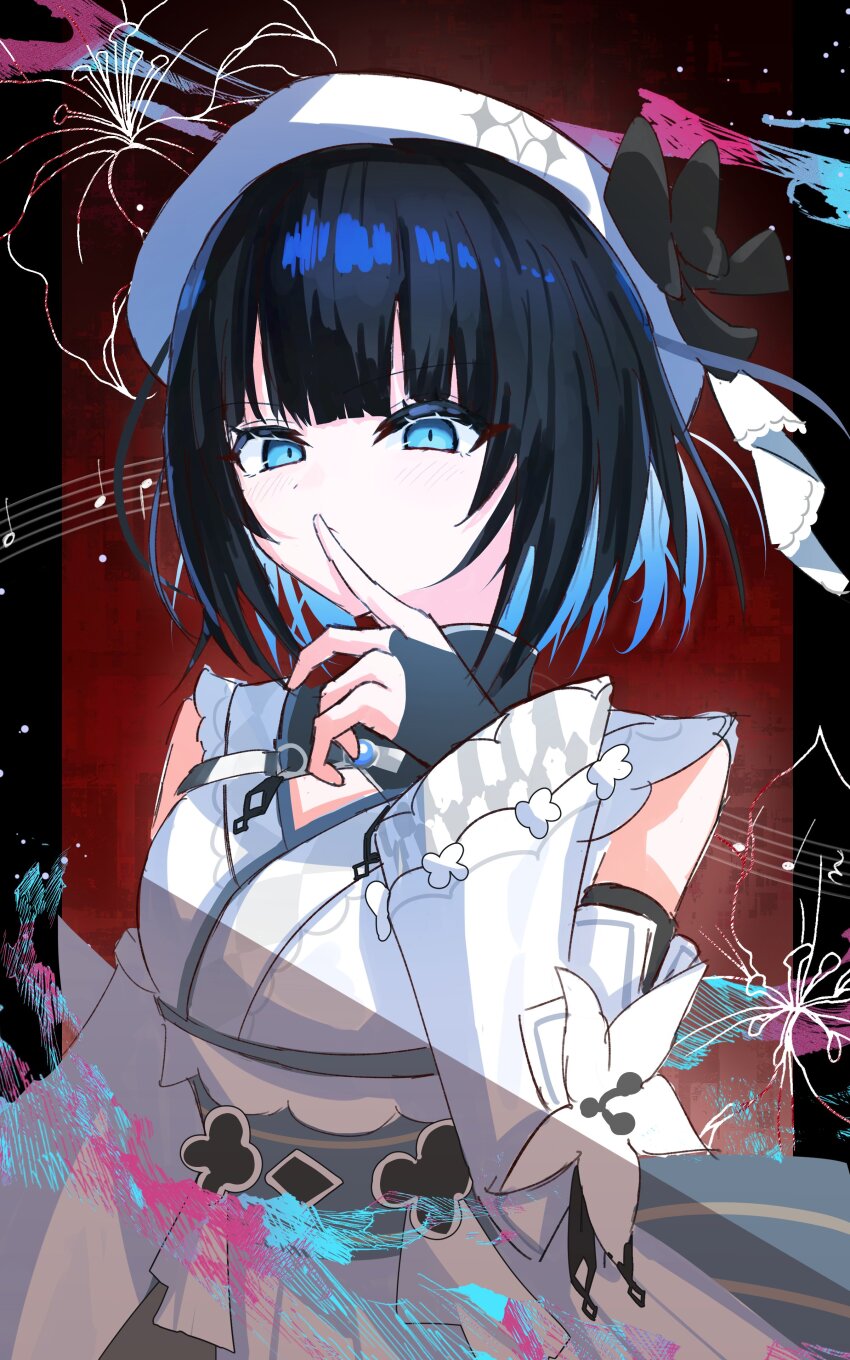 1girl, absurdres, beret, black_bow, black_bowtie, blue_eyes, bow, bowtie