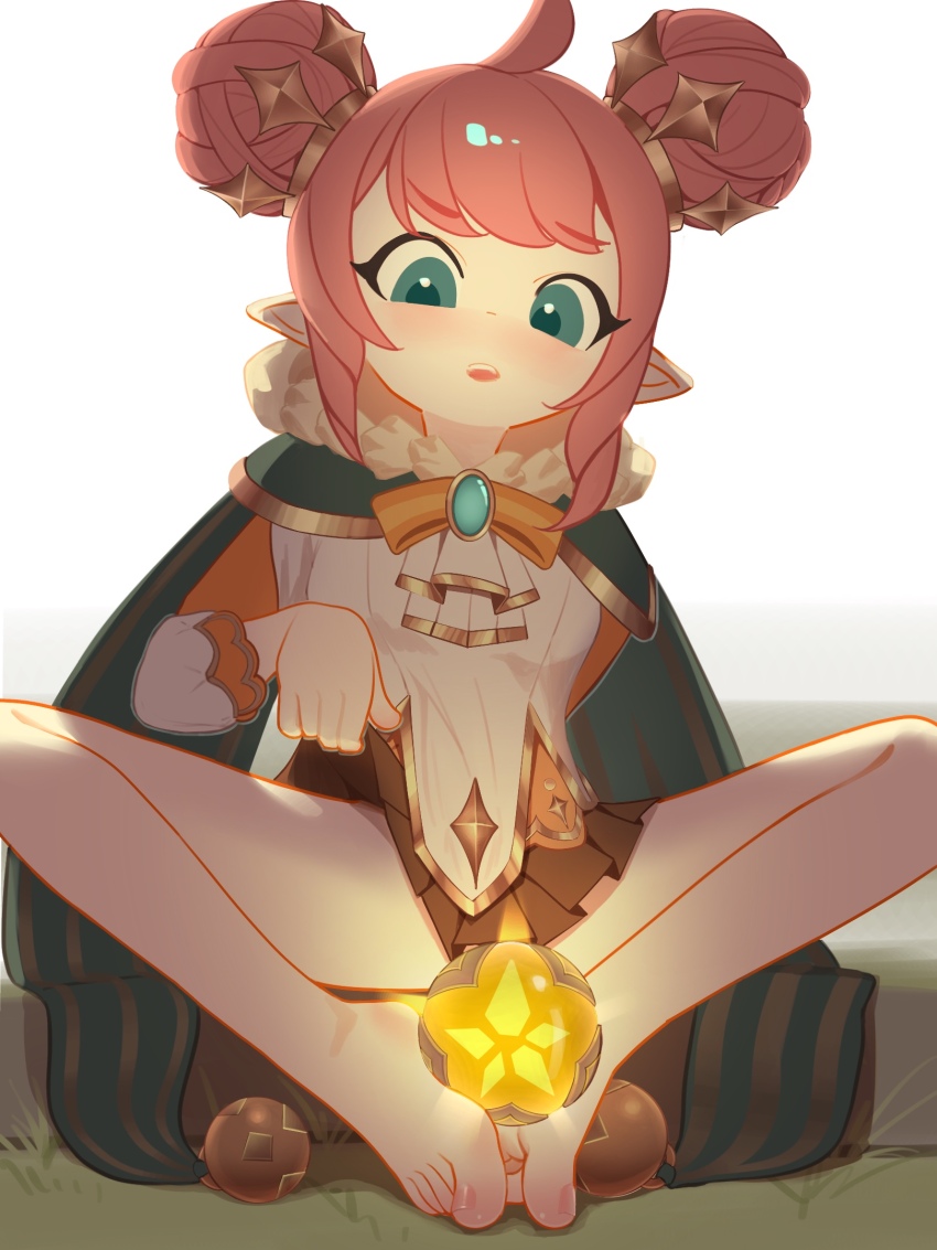 1girl, barefoot, commentary_request, double_bun, grass, green_eyes, hair_bun, highres, krithia_(roco_kingdom:_world), loli, open_mouth, pink_hair, pointy_ears, roco_kingdom:_world, skirt, solo, user_fcat8255