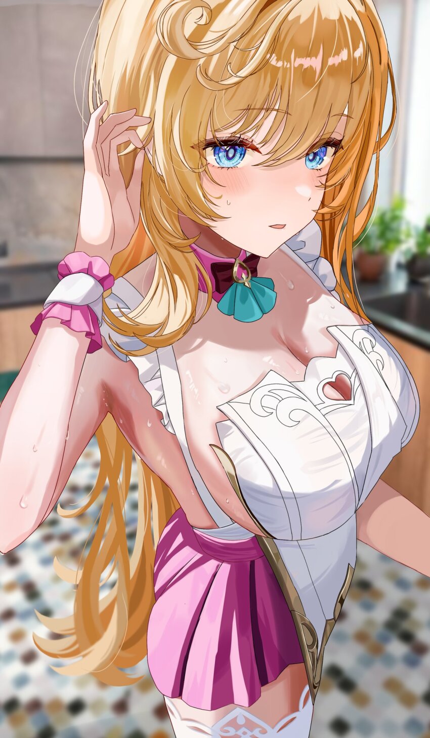 1girl, alternate_breast_size_(larger), blonde_hair, blue_eyes, blurry, blurry_background, blush, breasts