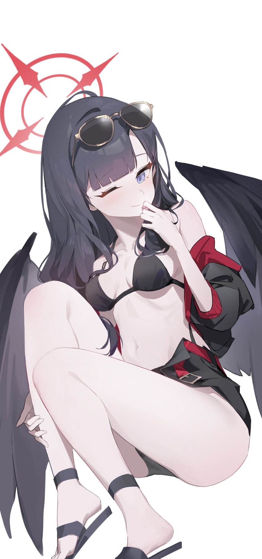 1girl, absurdres, akirayang23, belt, bikini, bikini_bottom_under_shorts, bikini_under_clothes, black_bikini