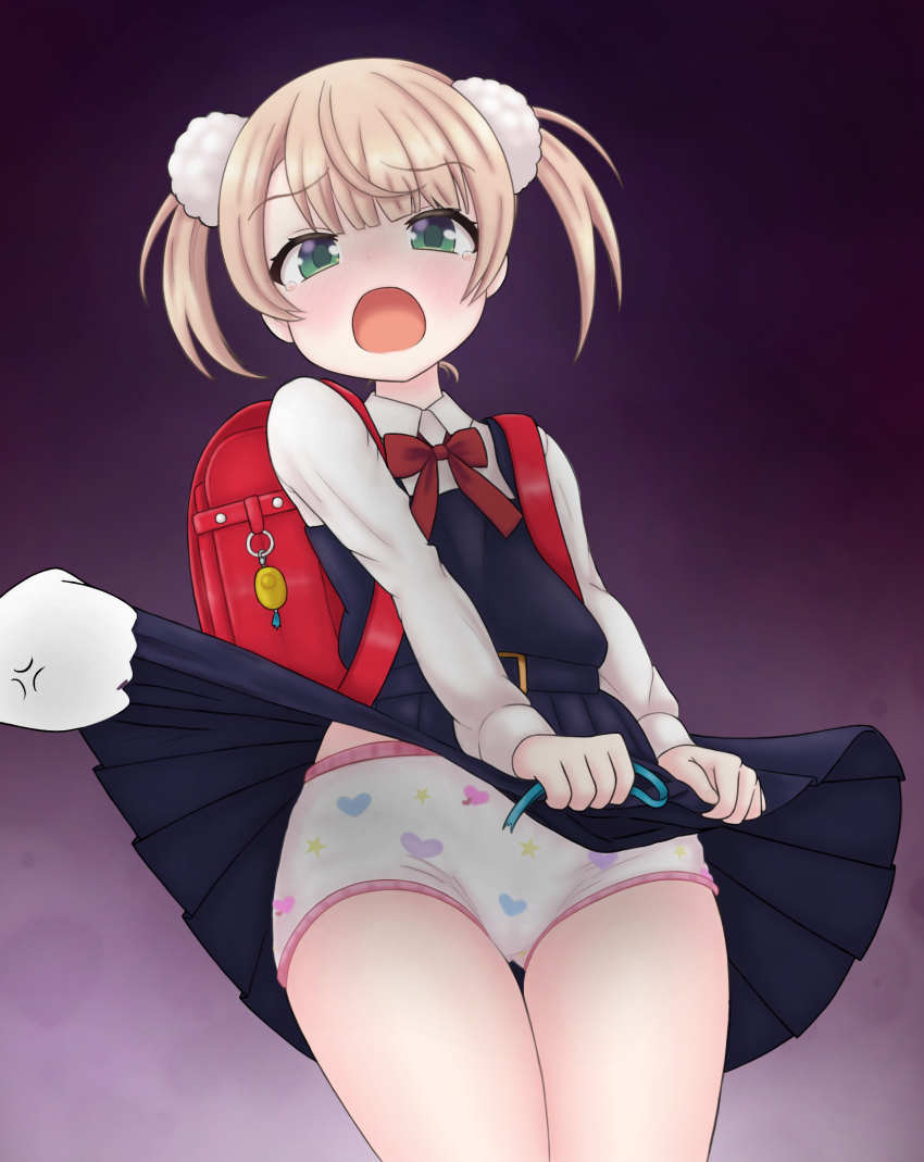 1girl, anger_vein, backpack, bag, blonde_hair, clothes_lift, crime_prevention_buzzer, disembodied_hand