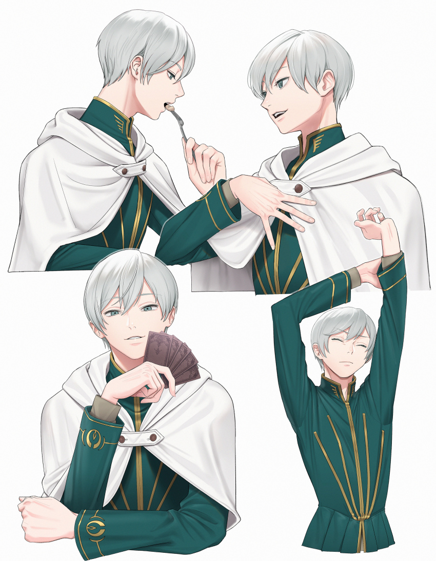 1boy, absurdres, cape, card, closed_eyes, commentary_request, double-parted_bangs, eating