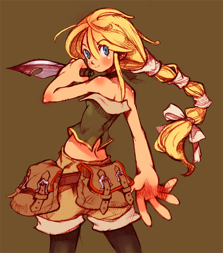 1girl, black_pantyhose, blonde_hair, blue_eyes, brown_background, brown_theme, choker, dagger, female_focus, holding, holding_dagger, holding_knife, holding_weapon, knife, long_hair, looking_back, lowres, multi-tied_hair, pantyhose, pantyhose_under_shorts, pe_salt, peter_salt, ponytail, saga, saga_frontier_2, shorts, smile, solo, virginia_knights, weapon