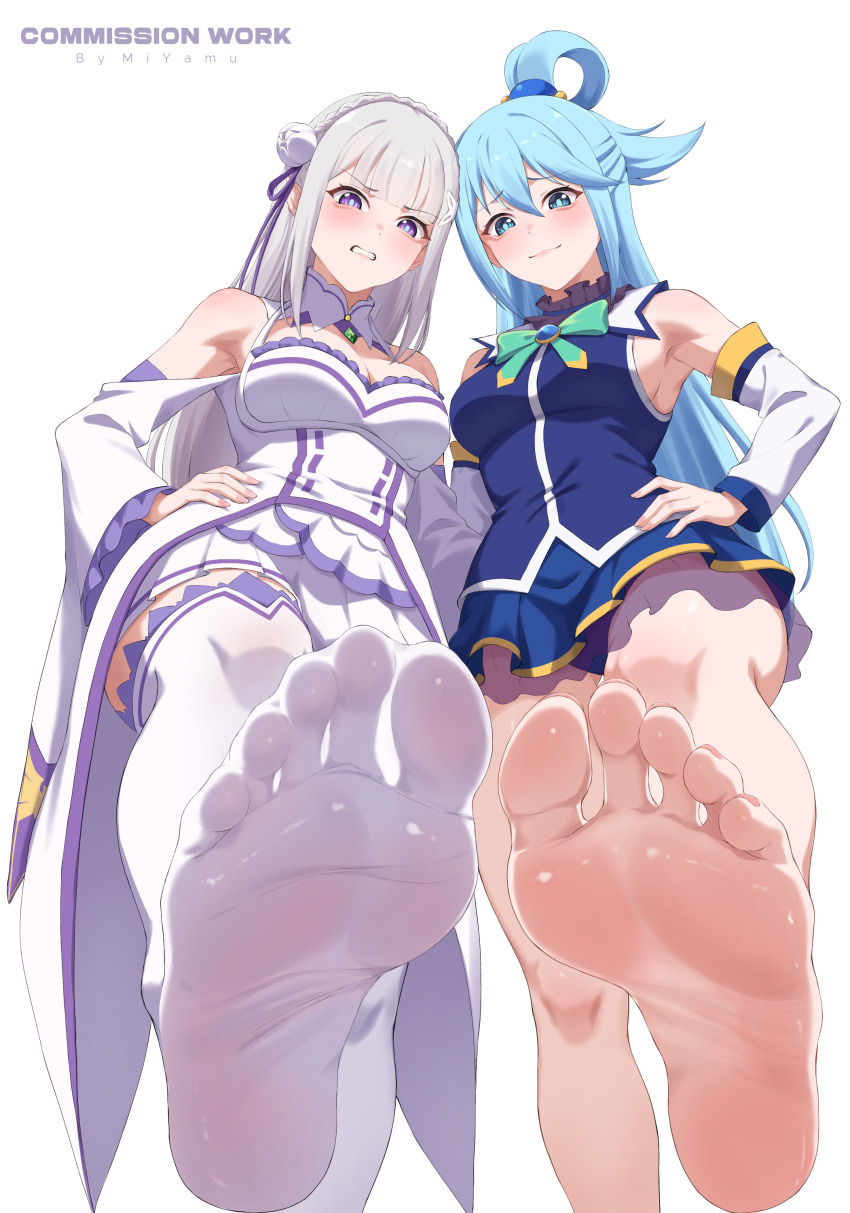 2girls, absurdres, aqua_(konosuba), barefoot, blue_eyes, blue_hair, blush, clenched_teeth