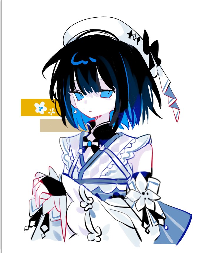 1girl, beret, black_hair, blue_eyes, blue_hair, bridal_gauntlets, colored_inner_hair, detached_sleeves