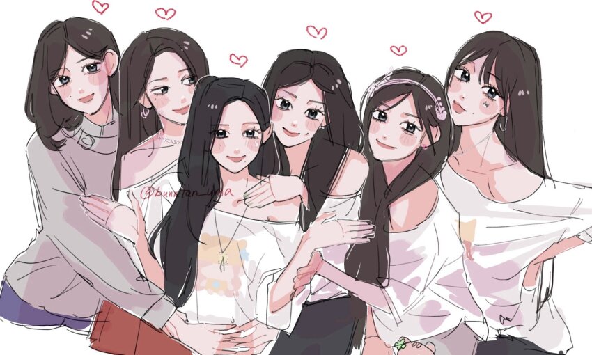 6+girls, an_yujin, animification, black_pants, blush, collarbone, commentary, everyone